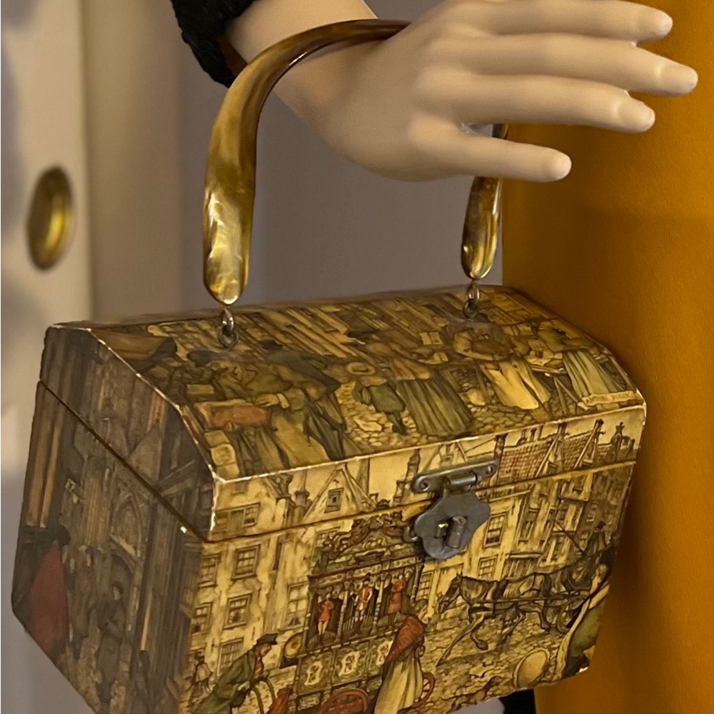 Vintage Wooden Decoupage purse with lucite handle 8” long 6” tall 5” wide
